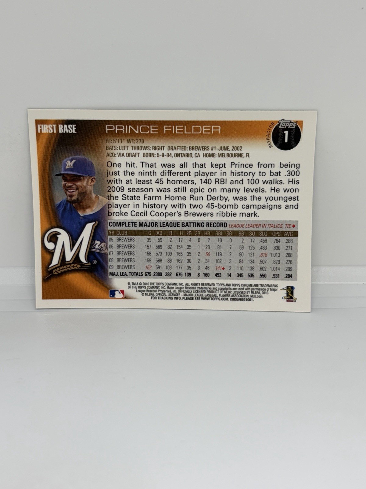 2010 Topps Chrome Refractor Prince Fielder #1 Brewers