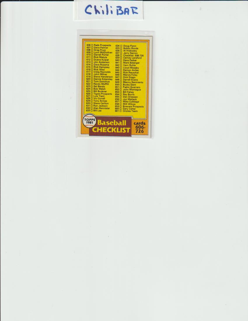 1981 Topps Checklist: 606-726 Baseball Card #638 NM-Mint FREE SHIPPING