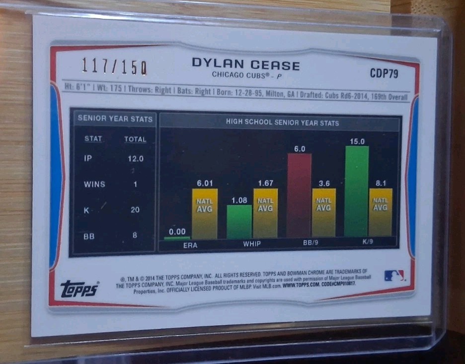 2014 Bowman Chrome Dylan Cease Green Refractor #’d 117/150 1st Bowman #CDP79