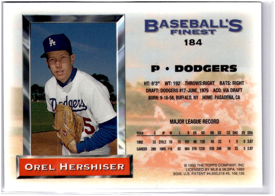 1993 Finest #184 Orel Hershiser Los Angeles Dodgers Near Mint or Better
