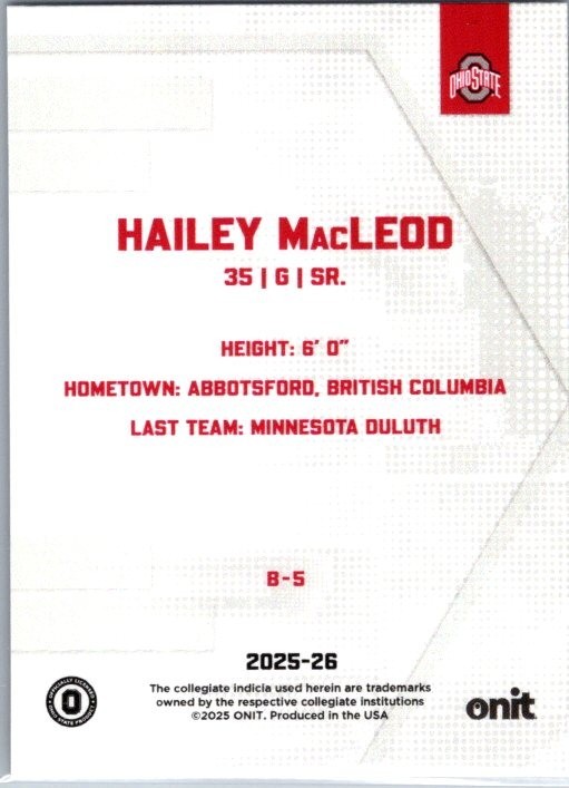 2025-26 ONIT Ohio State Women’s Hockey #B-5 Hailey MacLeod Red Parallel 22/25