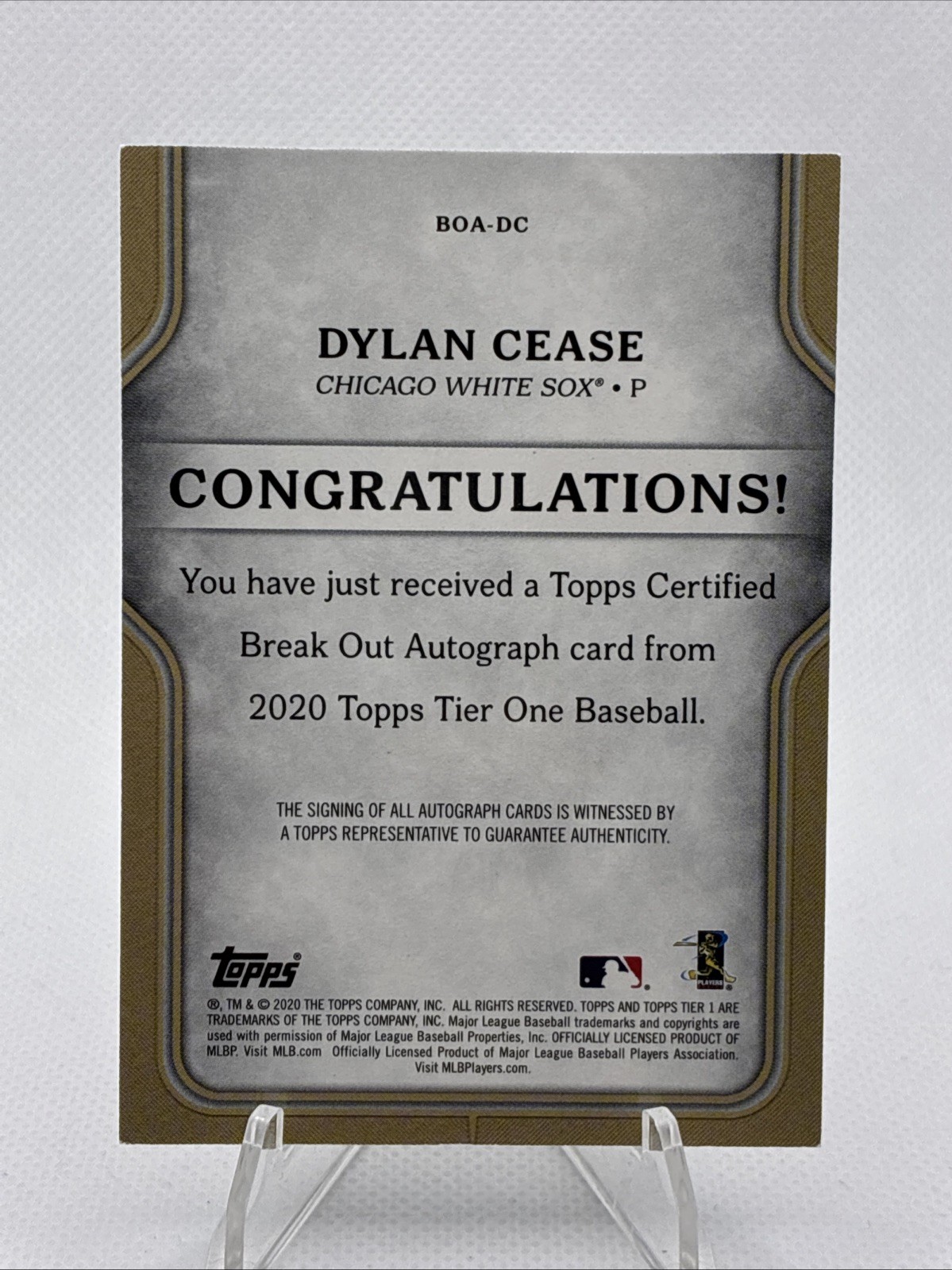 2020 Topps Tier One – Breakout Auto Dylan Cease #BOA-DC Bronze Ink /25 White Sox