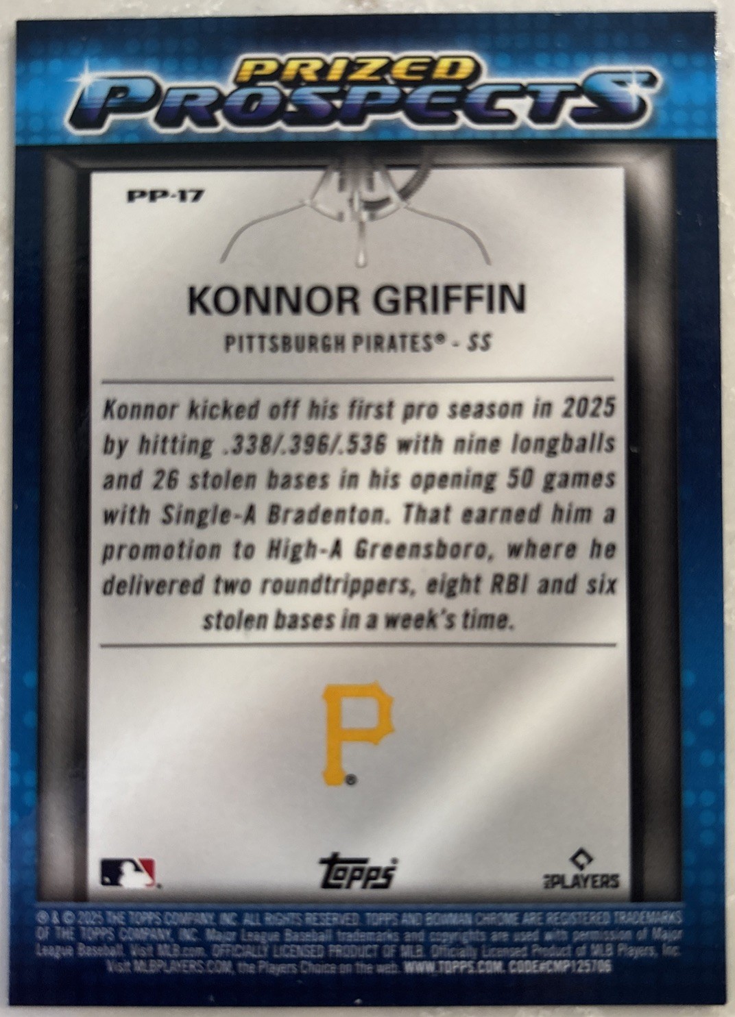 2025 Bowman Chrome Prized Prospects Konnor Griffin Pirates