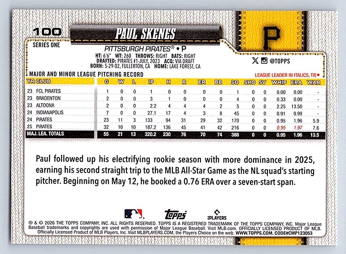 PAUL SKENES PIRATES 2026 TOPPS SERIES 1 #100