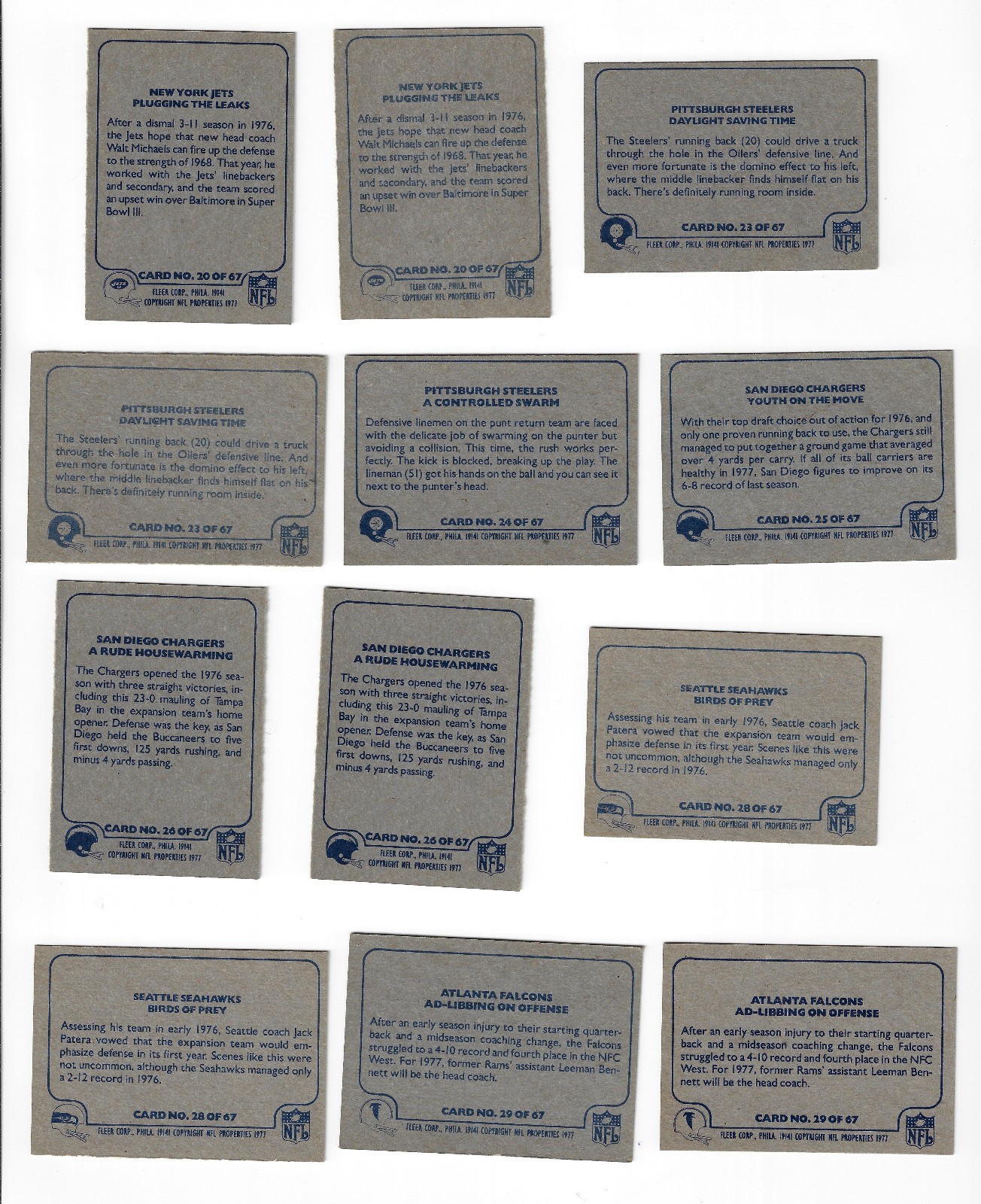 1977 Fleer NFL Team Action Football (1-67) Pick Your Cards, EXCELLENT