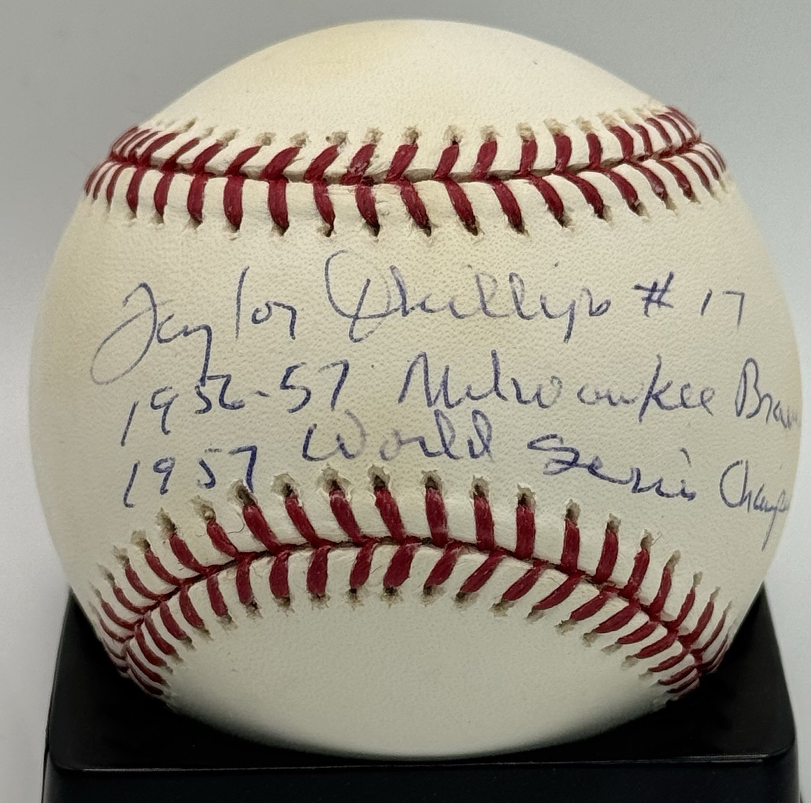 Taylor Phillips 1957 World Series Champs Milwaukee Braves Signed ML Baseball COA