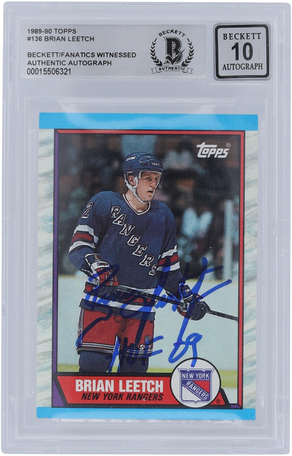 Brian Leetch Rangers Signed 1989-90 Topps #136 BAS 10 Rookie Card w/HOF 09 Insc