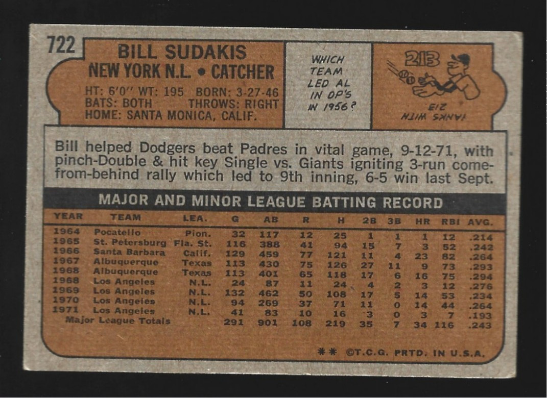 1972 Topps #722 Bill Sudakis New York Mets (VINTAGE *EX-MT)