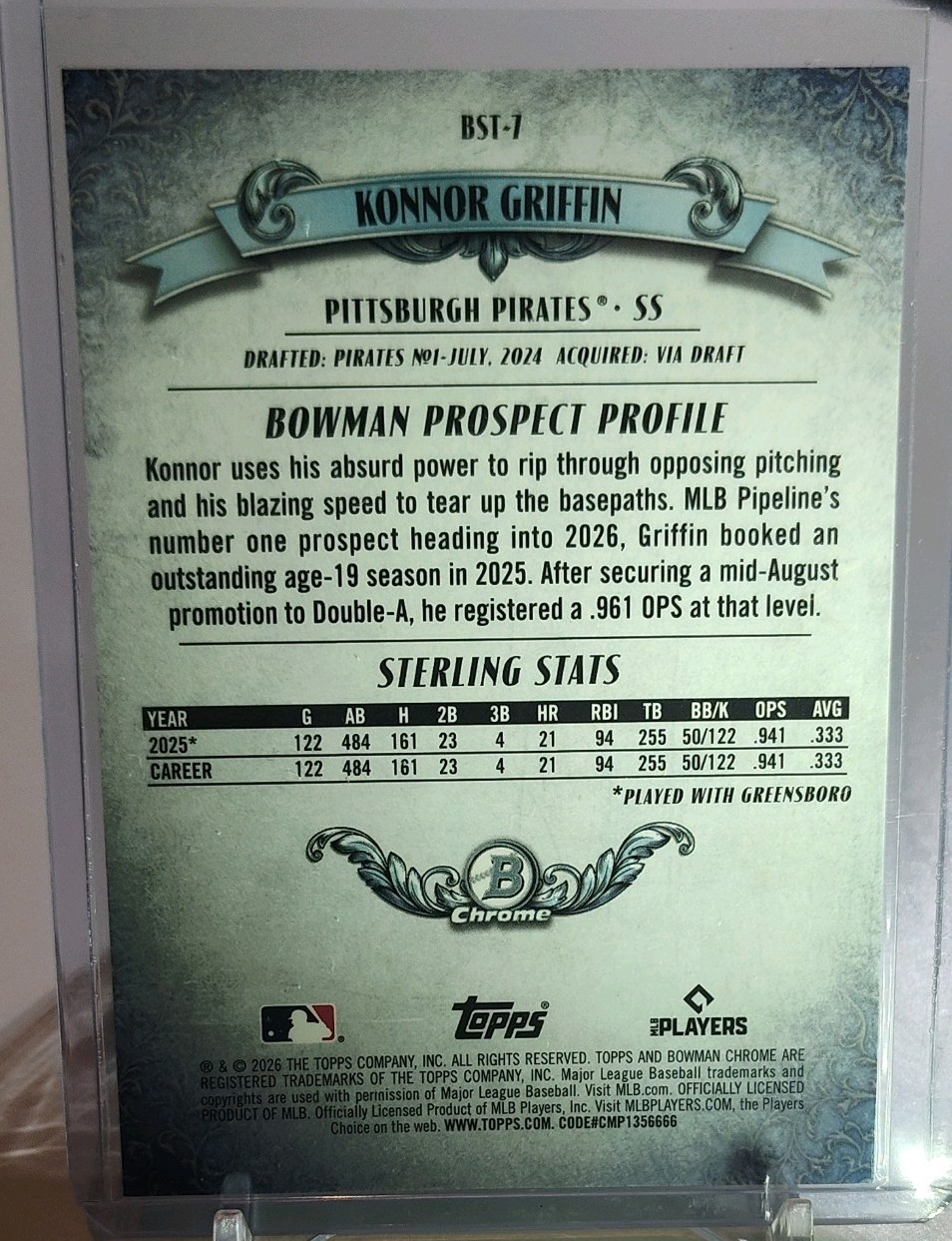 Topps Bowman Sterling 2026 Konnor Griffin Purple Mojo 023 /250 #BST-7 Pirates