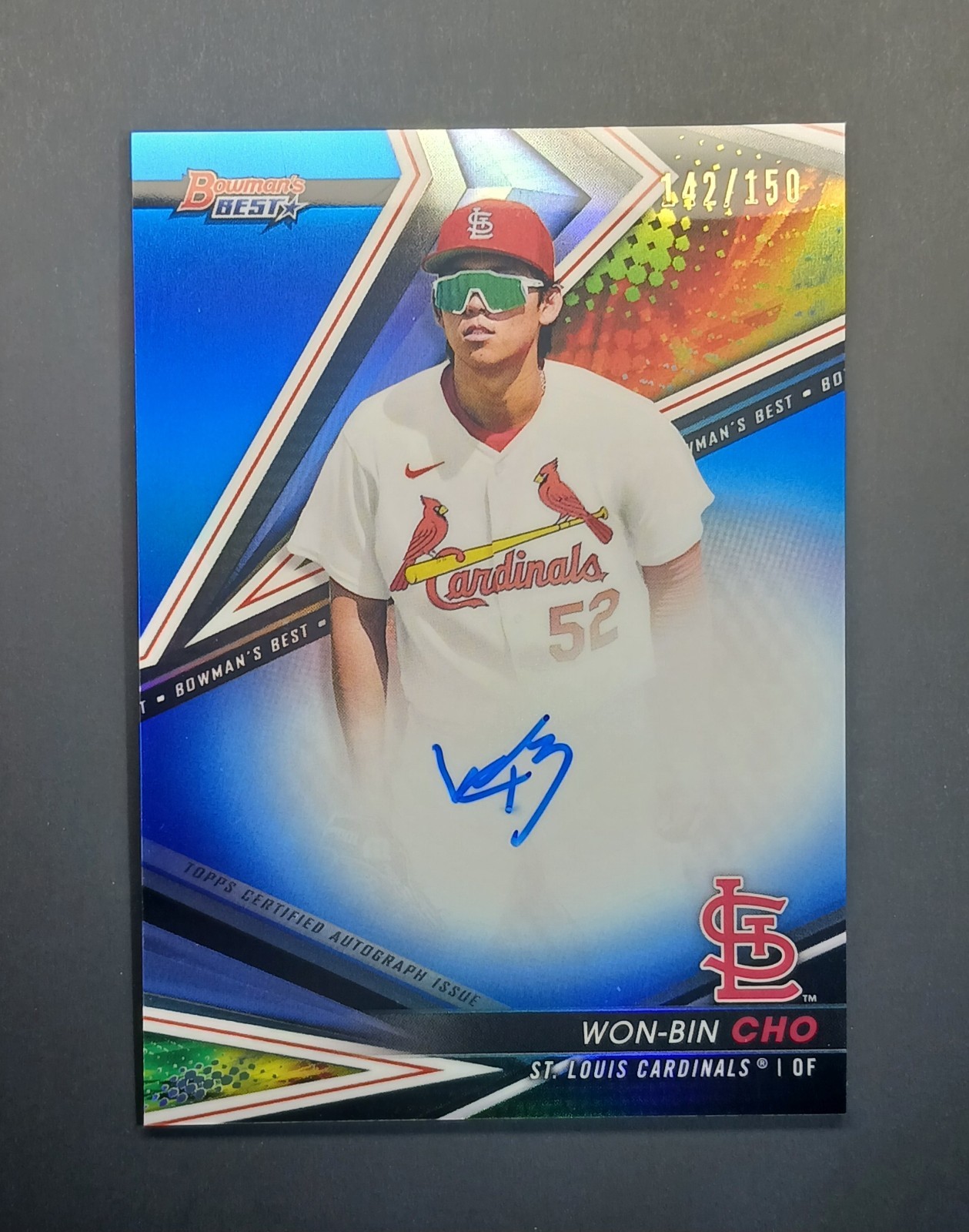 Won-Bin Cho Auto Blue /150 2022 Bowman’s Best Refractor Autograph Cardinals 142/