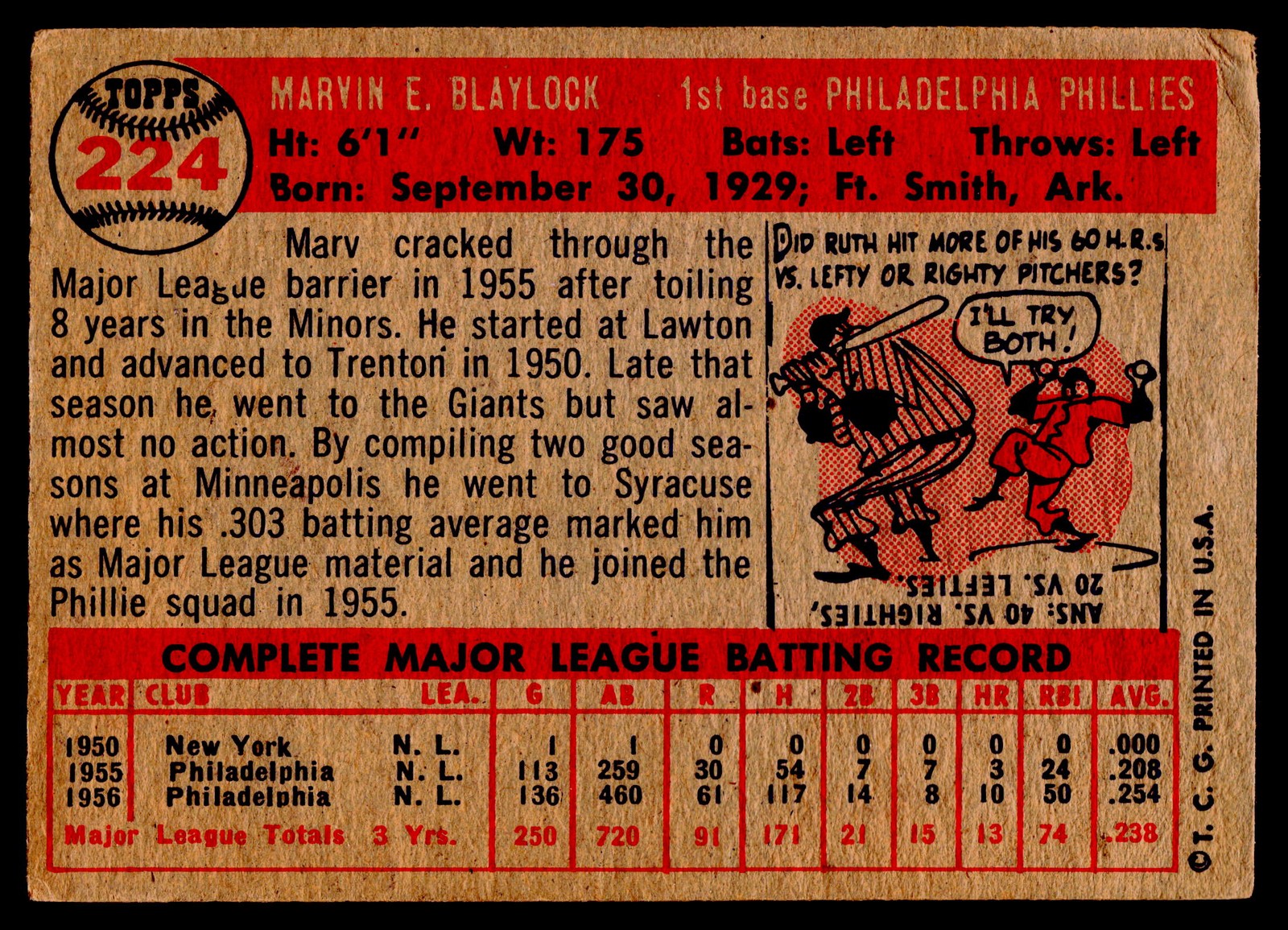 1957 Topps #224 Marv Blaylock – POOR