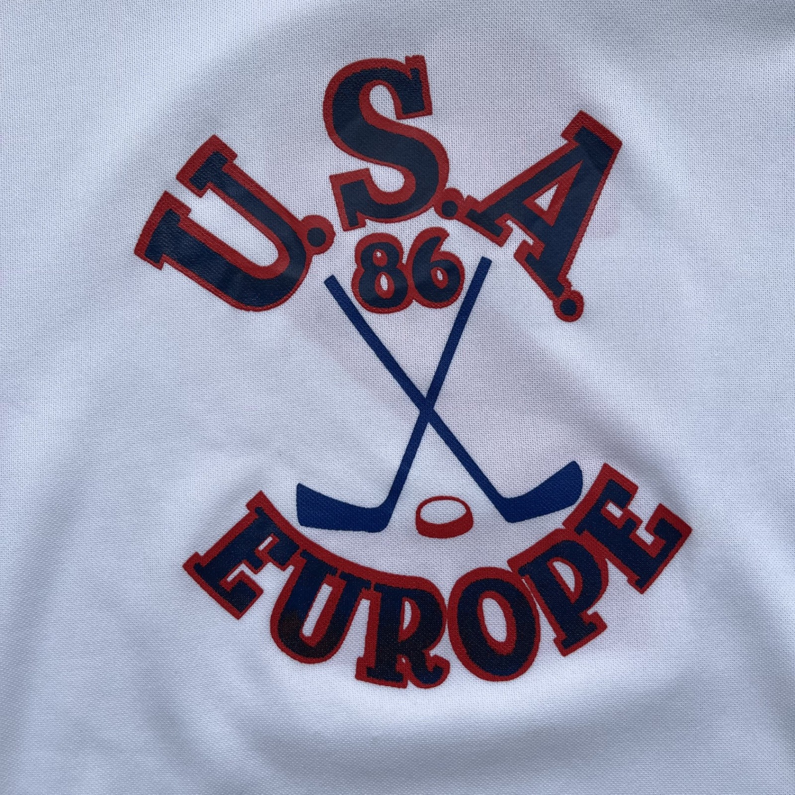 Vintage 1986 USA Europe Hockey Jersey Gunzo’s #2 White Red Blue Adult XL