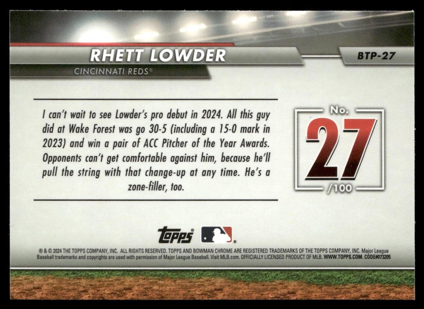 2024 Bowman #BTP-27 Rhett Lowder Bowman Scouts’ Top 100
