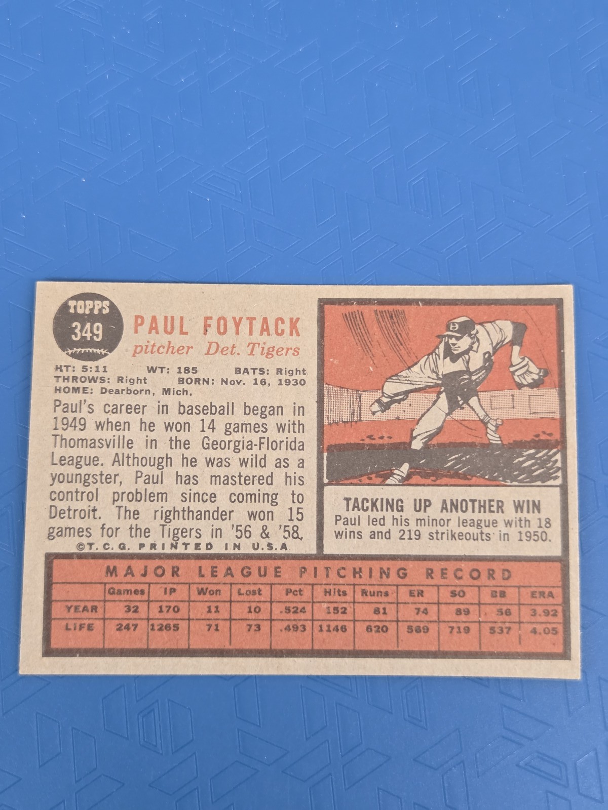 1962 Topps #349 Paul Foytack Detroit Tigers BASEBALL Card 6L