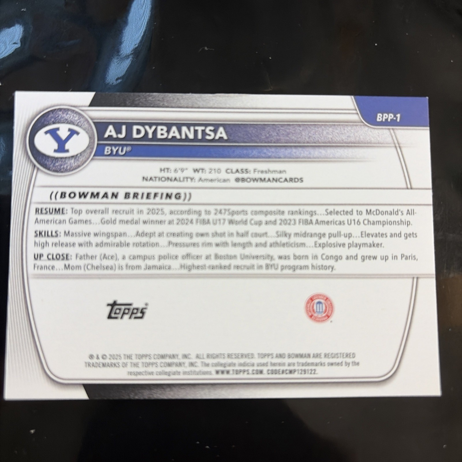 2025 Bowman AJ Dybantsa 1st Bowman #BPP-1 BYU Cougars Basketball
