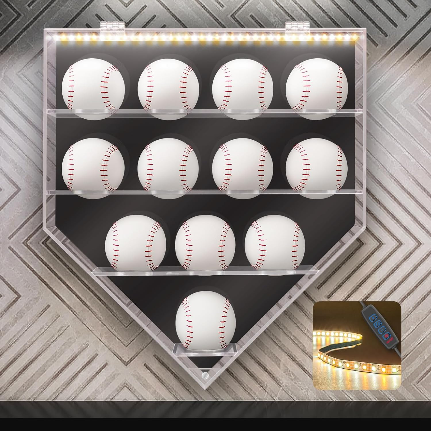 Lighted Acrylic Baseball Display Case for 12 Balls, UV Protected Shadow Box
