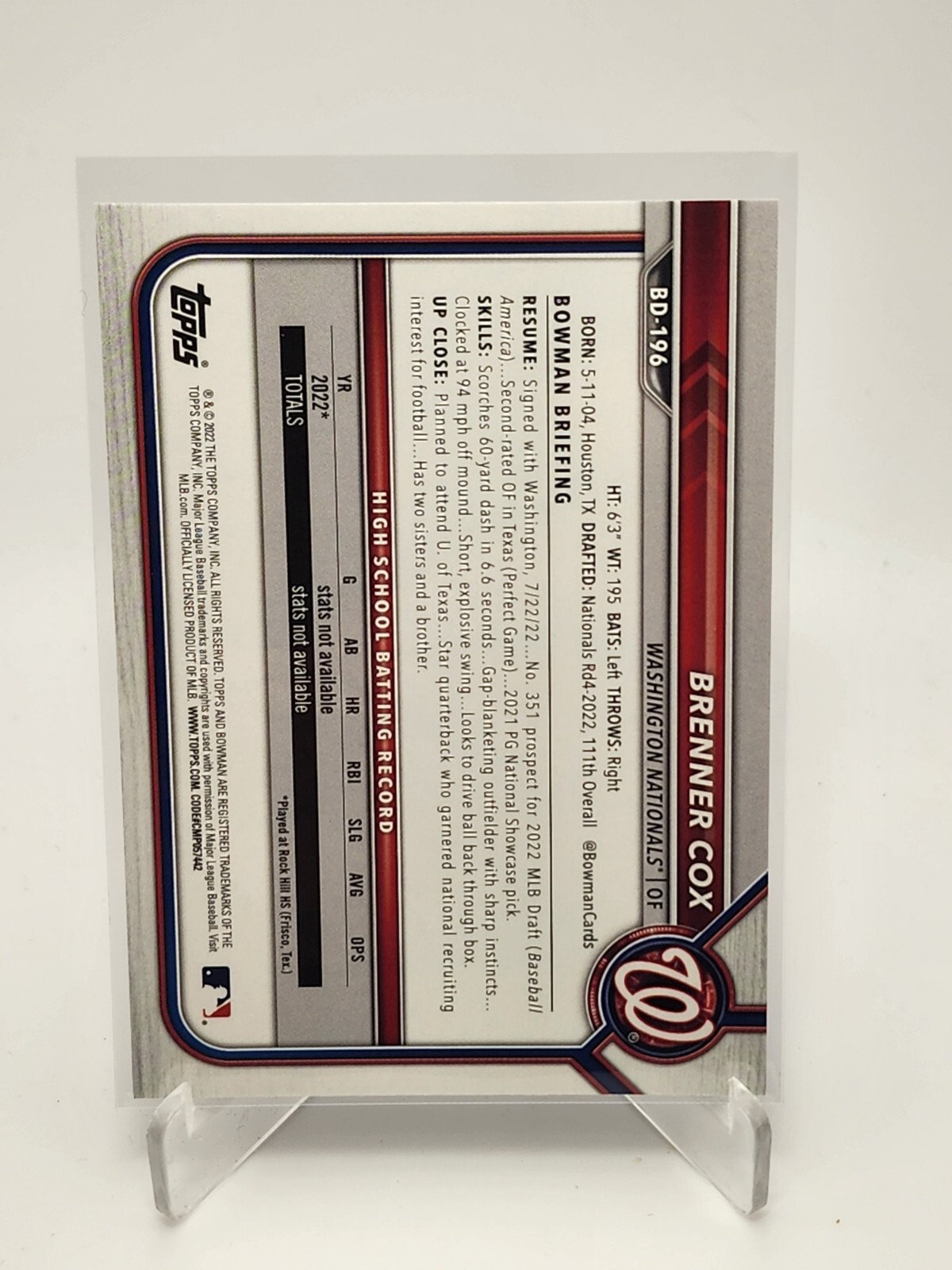 2022 Bowman Draft 1st Edition #BD-196 Brenner Cox