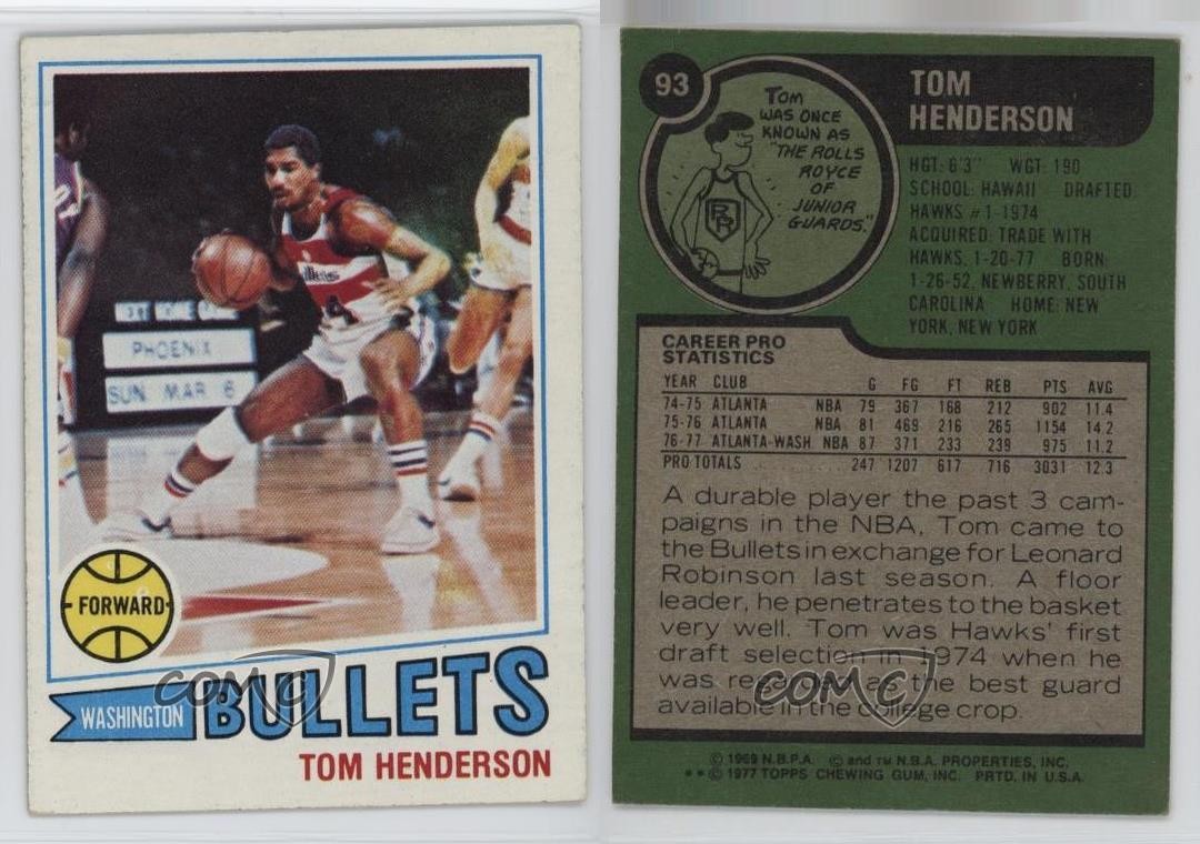 1977-78 Topps Gray Back Tom Henderson #93 05k6