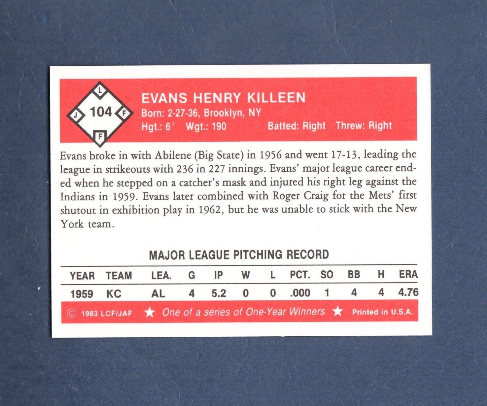 #104 EVANS KILLEEN, 1959 Athletics | 1983 Fritsch One-Year Winners OYW