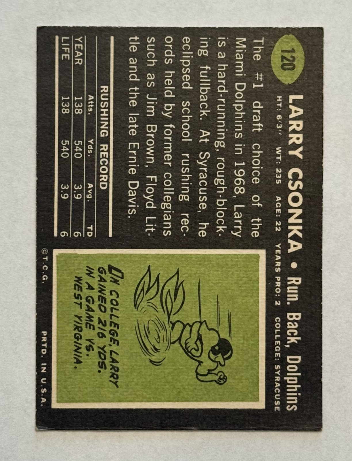 1969 Topps Larry Csonka #120 (RC) HOF Miami Dolphins Rookie VG/EX
