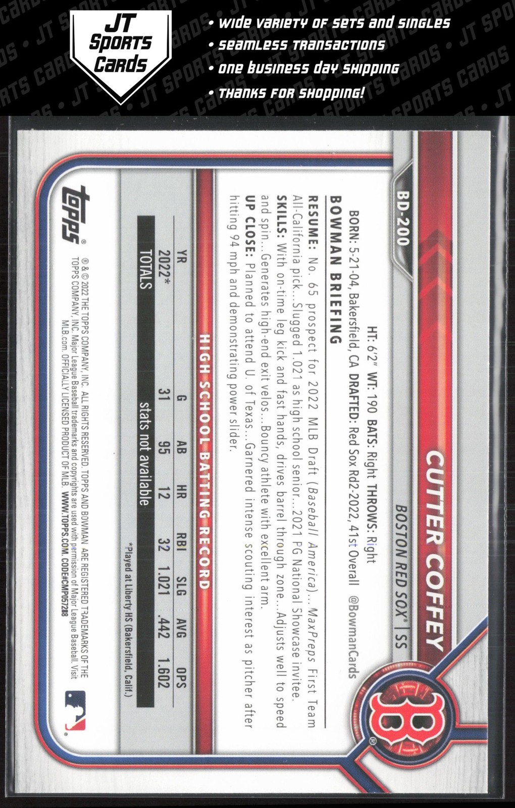 2022 Bowman Draft Cutter Coffey BD-200 1st Blue Paper /150 | Boston Red Sox