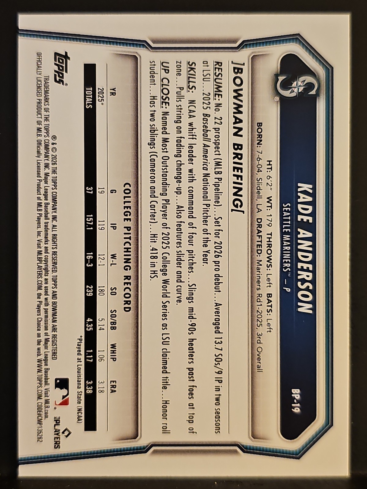 2026 Bowman Prospects #19 Kade Anderson MARINERS