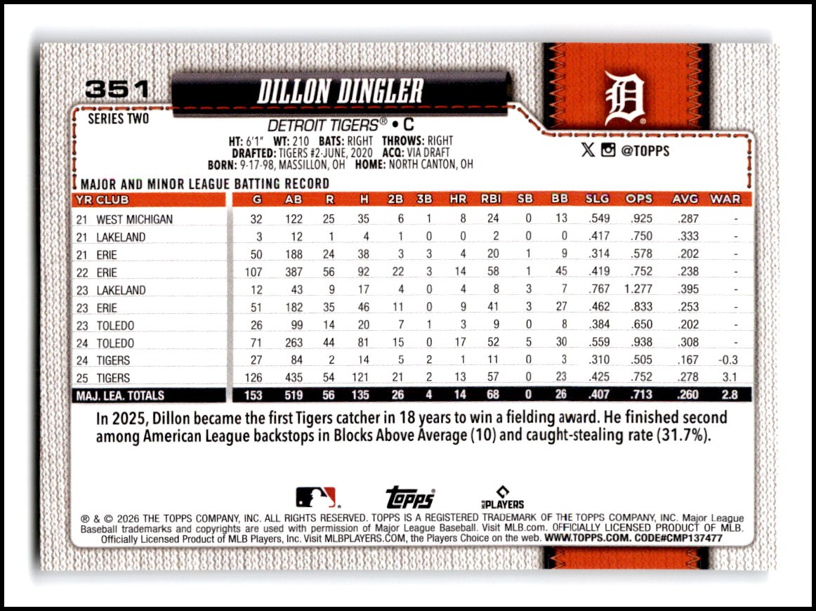 2026 Topps #351 Dillon Dingler – Detroit Tigers