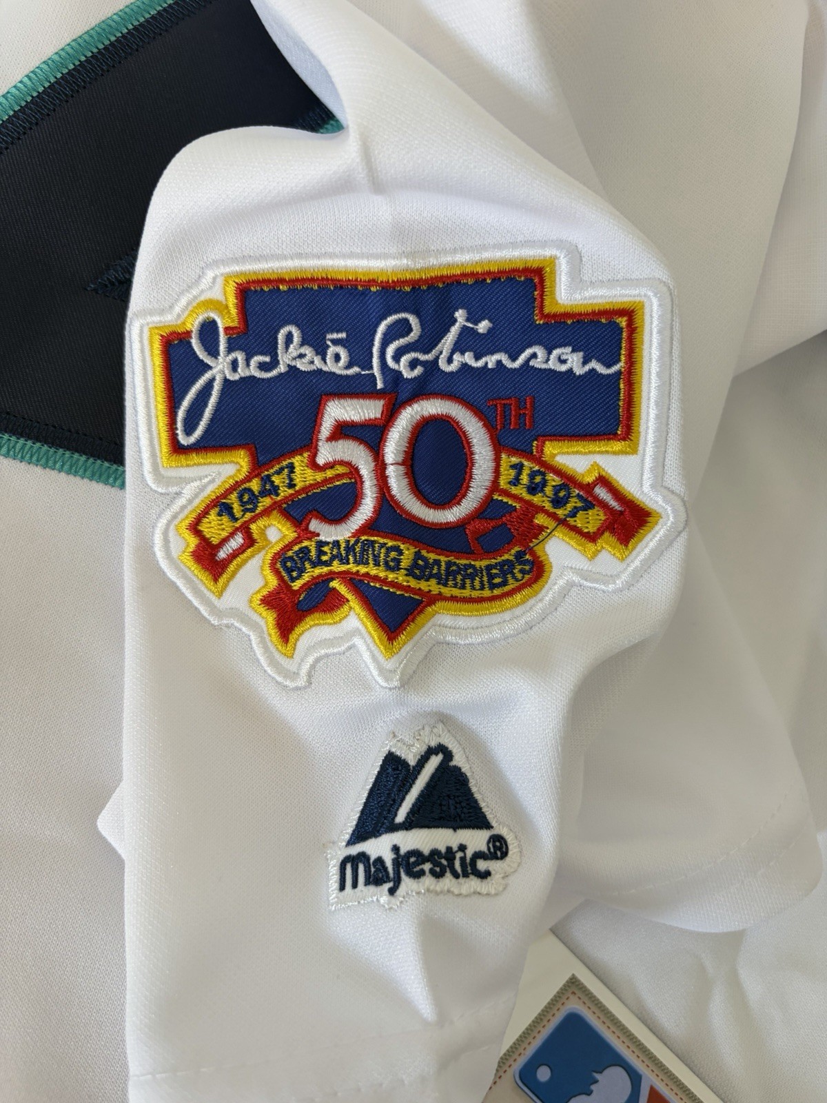 Ken Griffey Jr. Seattle Mariners 1997 White Jersey w/ Jackie 50th Patch Men’s