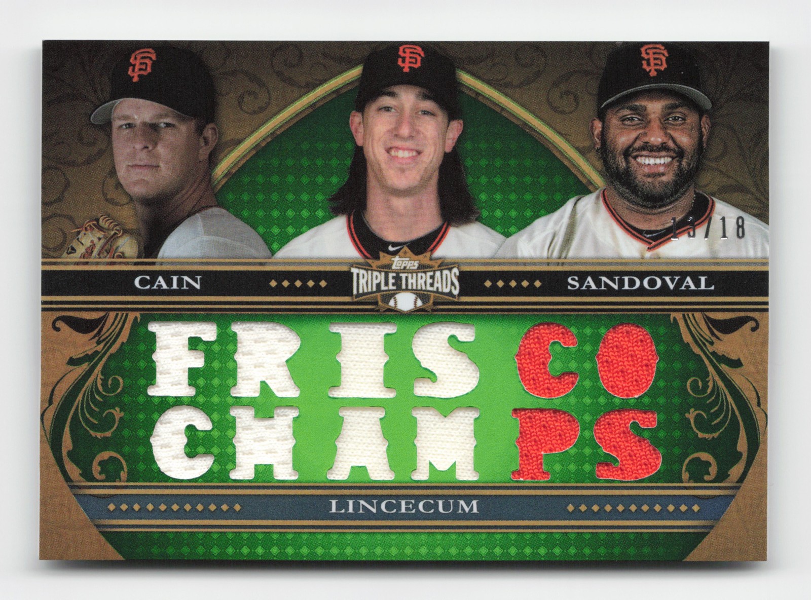 2013 Topps Triple Threads Matt Cain Tim Lincecum Pablo Sandoval MEM Emerald #/18