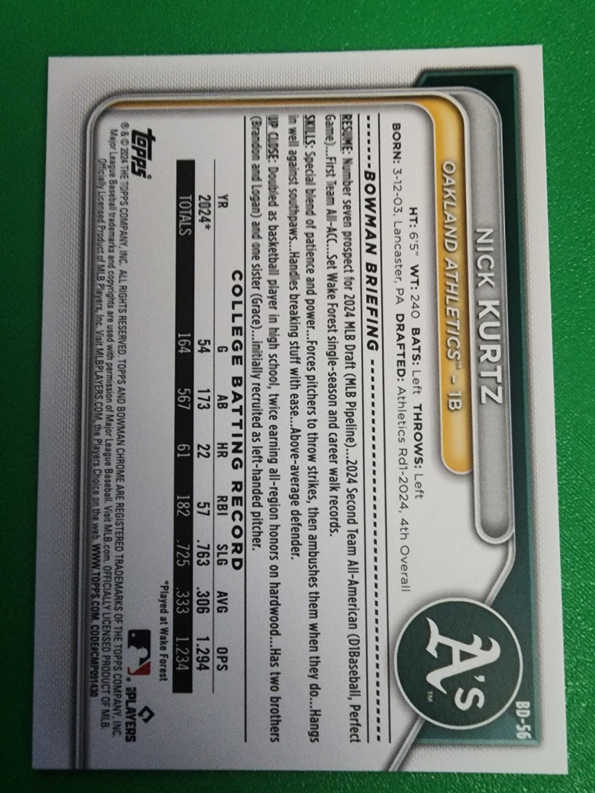 2024 Bowman 1st rookie NICK KURTZ #BD-56 OAKLAND ATHLETICS MLB Baseball RC