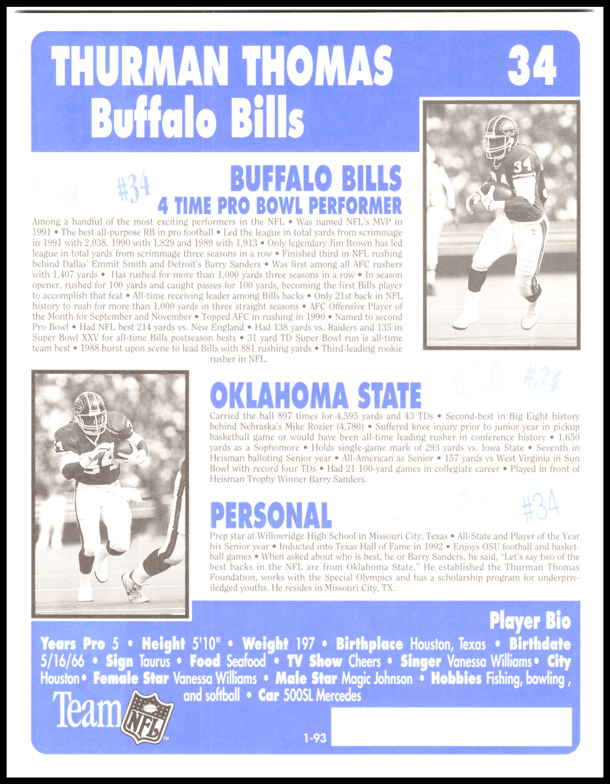 1992/93 Intimidator Bio Sheet NFL Football Card Complete Sealed Set
