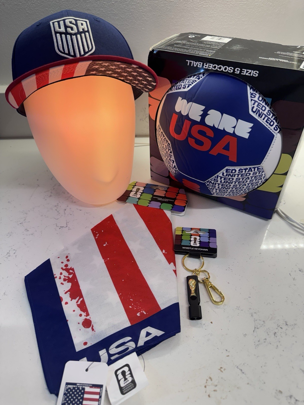 USA Fan Bundle Snapback Hat FIFA World Cup 2026 Ball Bandana Trophy Keychain