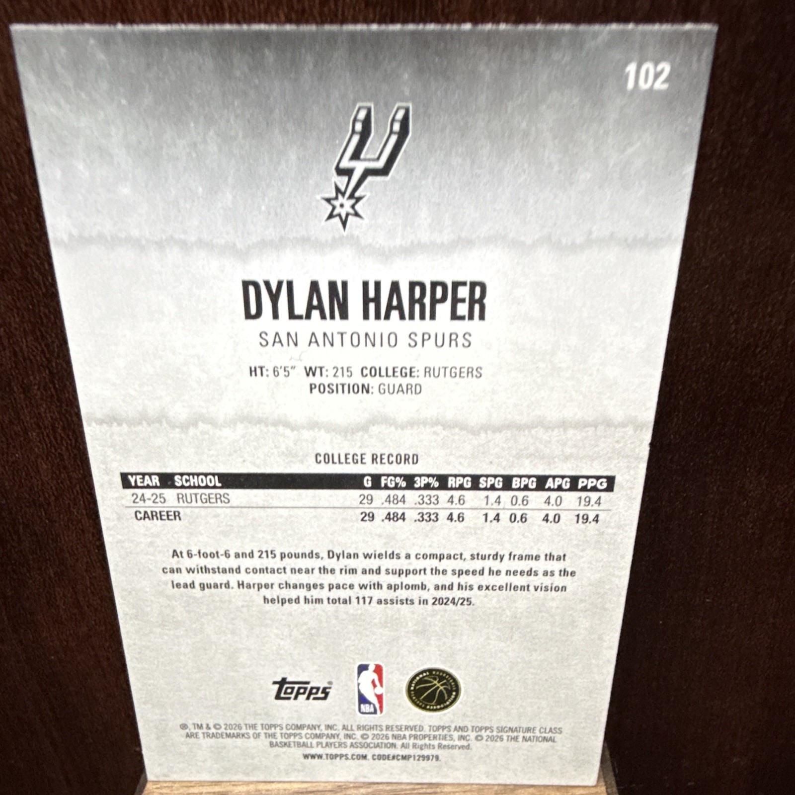 2025-26 Topps Signature Dylan Harper RC #102 San Antonio Spurs