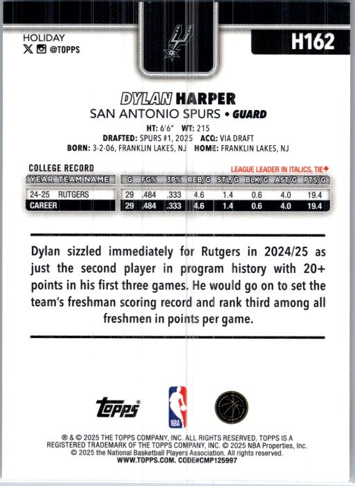 2025-26 TOPPS HOLIDAY BASKETBALL #H162 Dylan Harper HOLIDAY