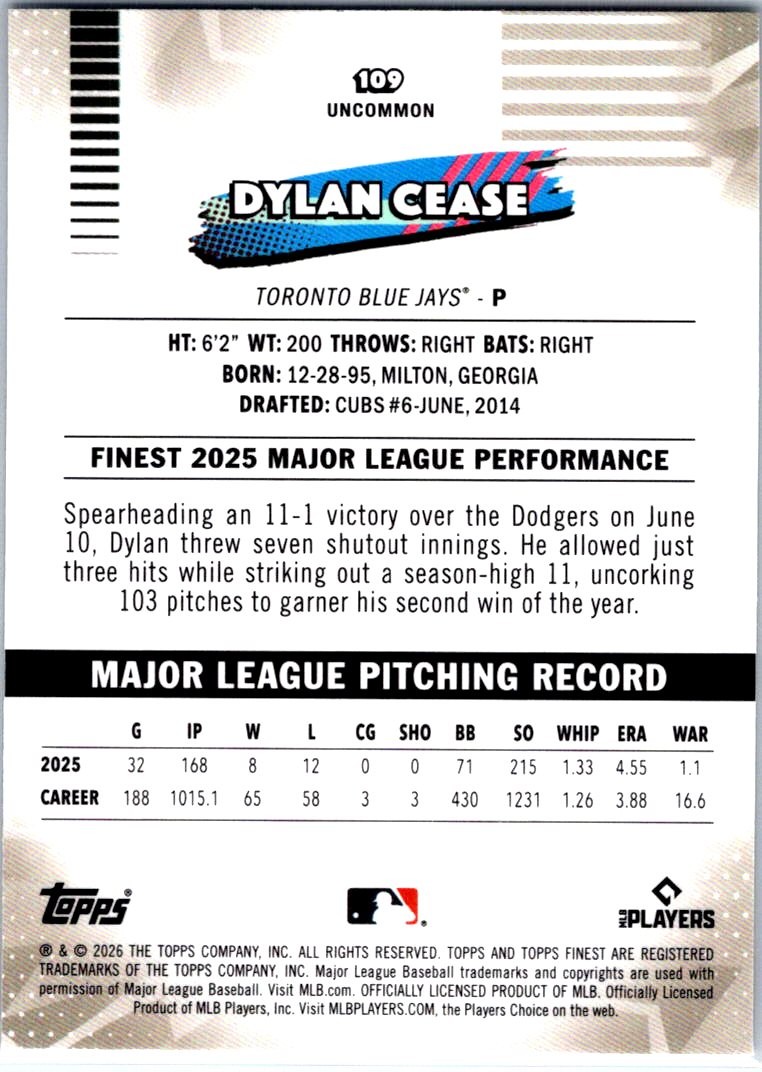 2026 Finest #109 Dylan Cease Mini-Diamond Refractors