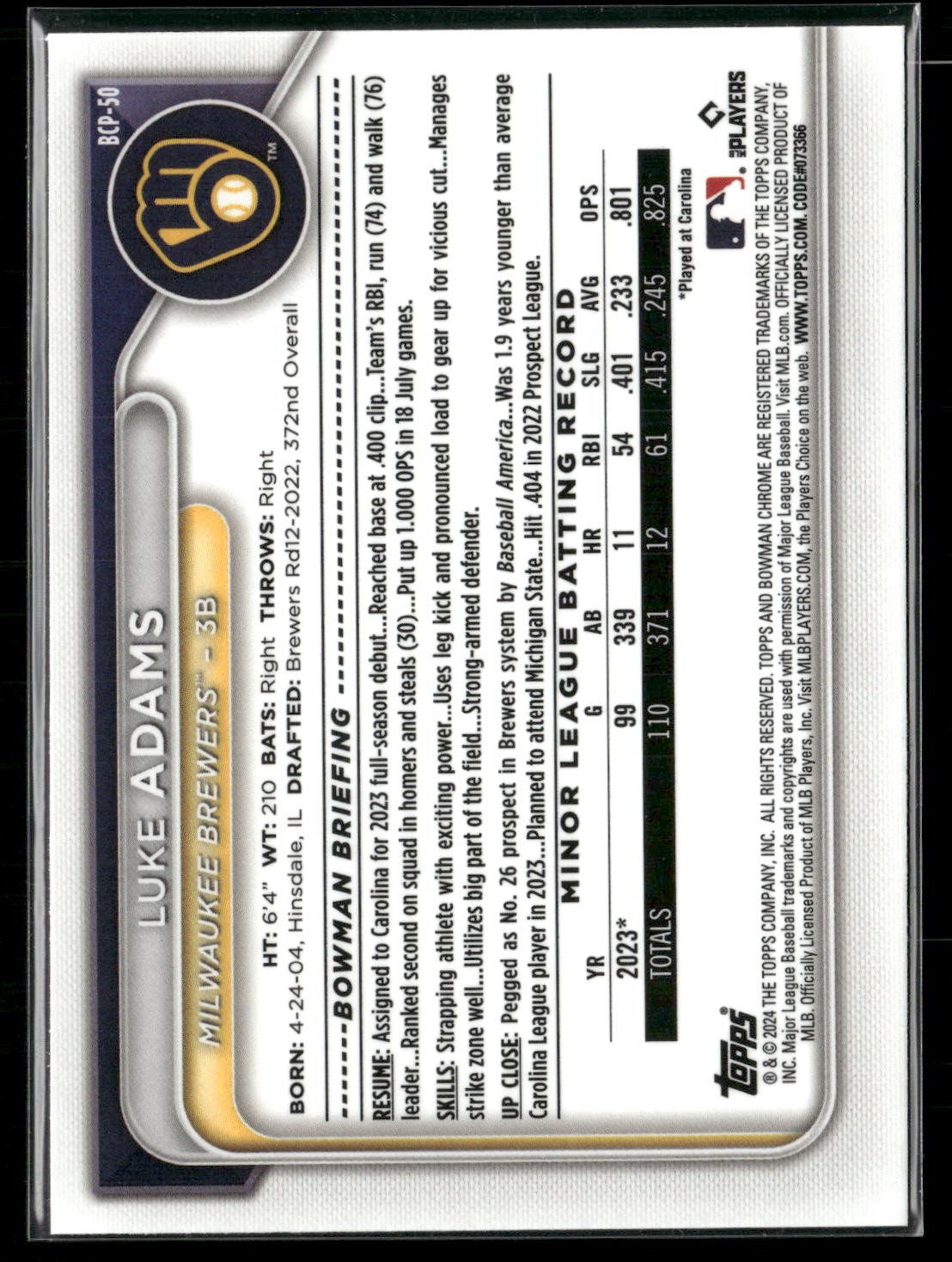 2024 Bowman #BCP-50 Luke Adams Chrome Prospects Mojo Refractors