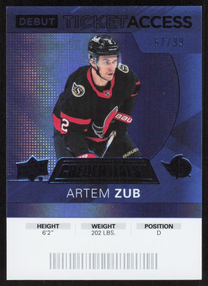 2021-22 Upper Deck Credentials #67 Artem Zub 2020-21 Debut TA Blue #/99