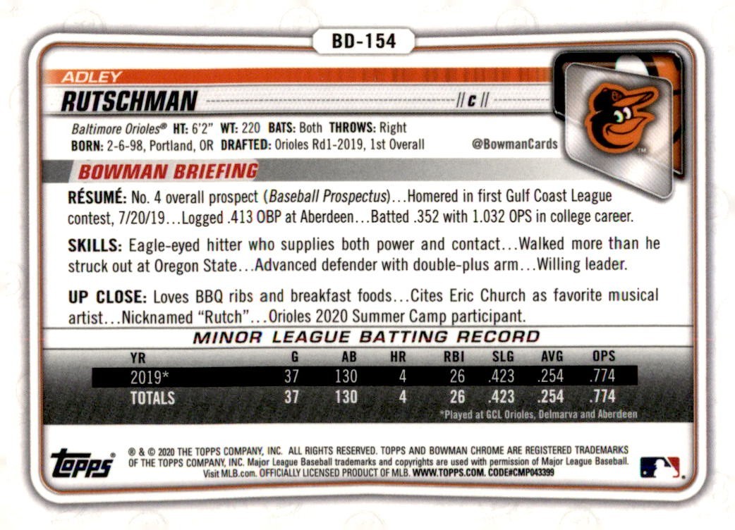 2020 Bowman Chrome Blue Sapphire Adley Rutschman #Bd-154