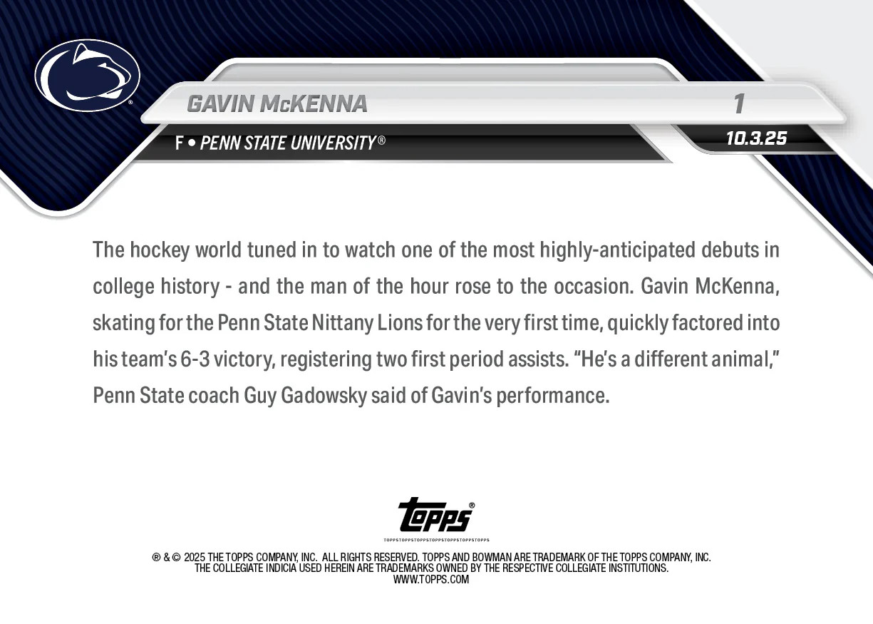 2025-26 Topps Now Bowman U Hockey 1 Gavin McKenna Penn State Nittany Lions 1st