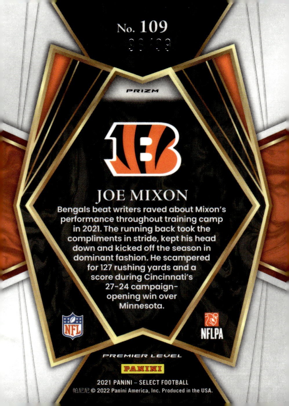 2021 Panini Select #109 Joe Mixon Light Blue Prizm #/99