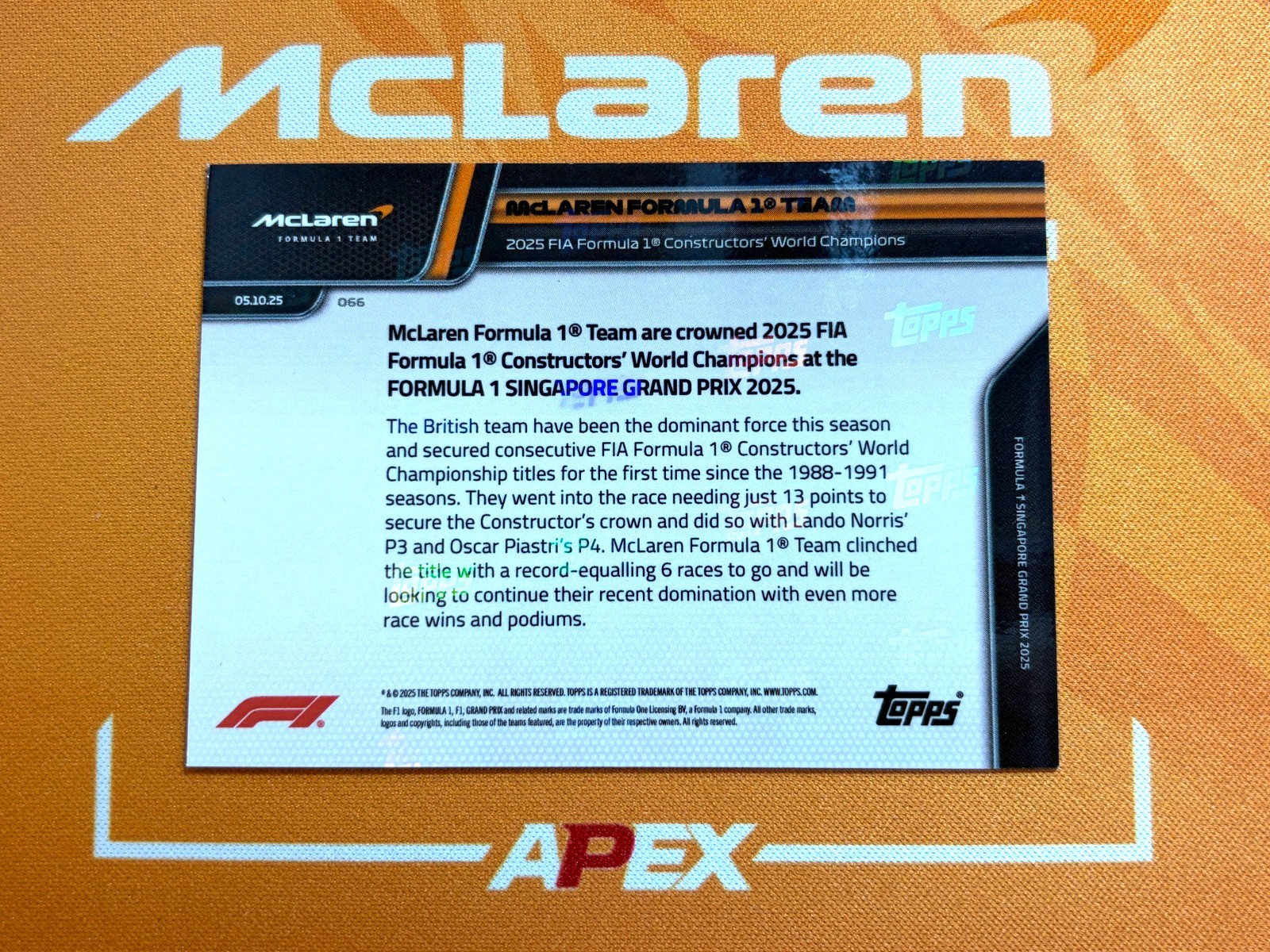MCLAREN FORMULA 1 TEAM World Champions 2025 Topps Now Formula 1 F1 #066 Gold /50
