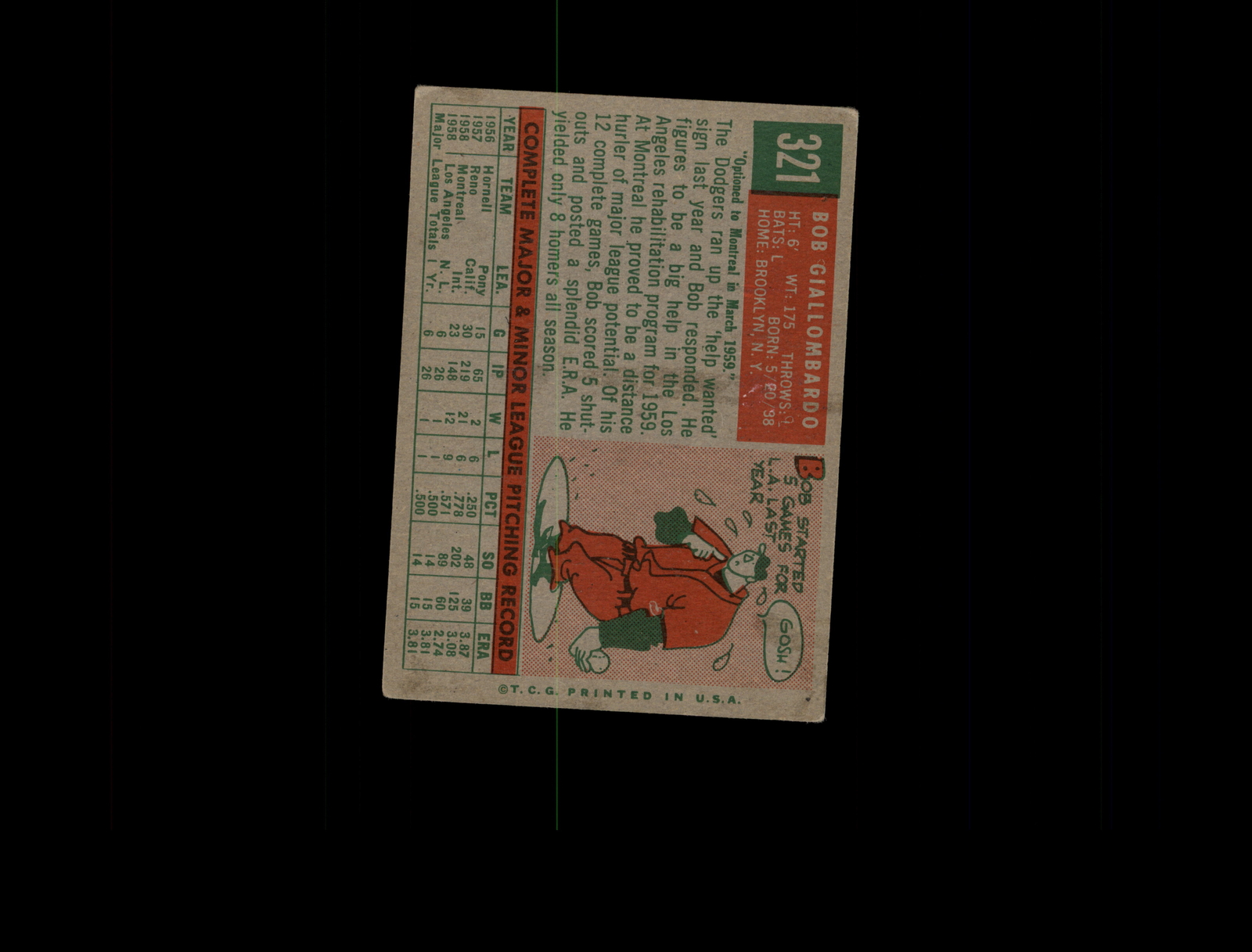 1959 Topps 321A Bob Giallombardo RC with Option Line VG #D1,317829