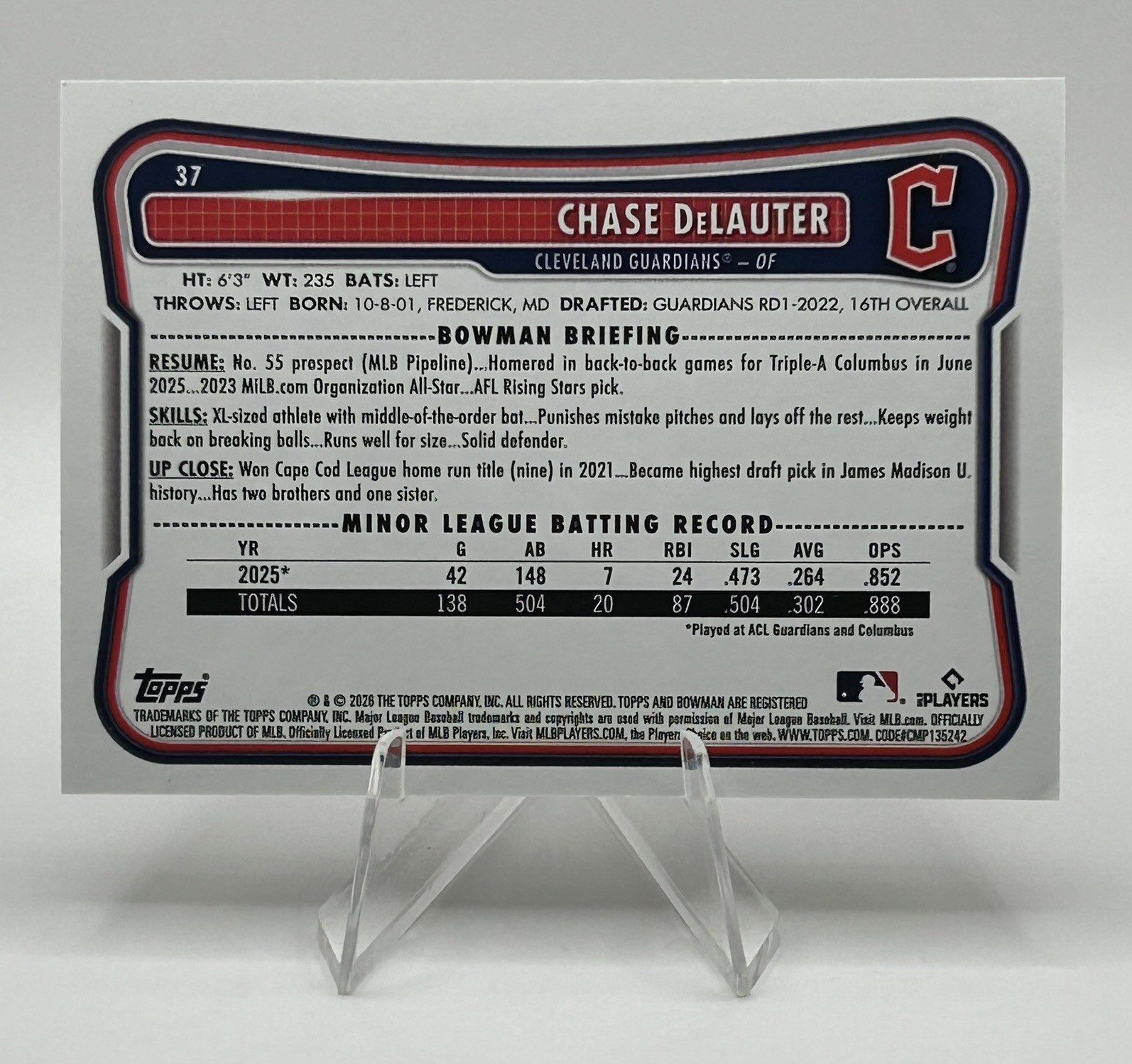 Chase DeLauter 2026 Topps Bowman Rookie Card Scoresheet Parallel 11/50 Gold #37