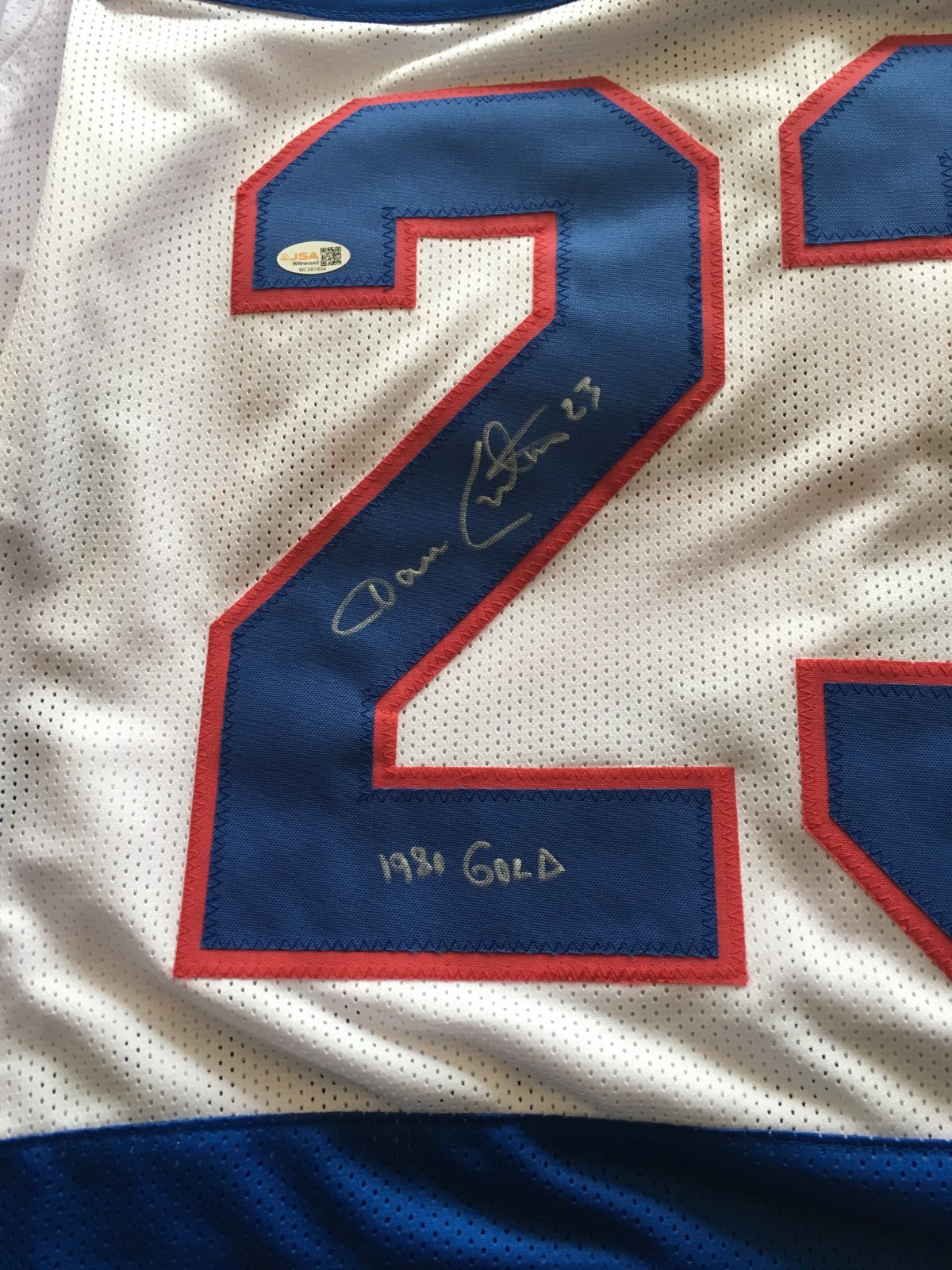 DAVE CHRISTIAN AUTOGRAPHED 1980 OLYMPIC JERSEY J.S.A. AUTHENTICATED