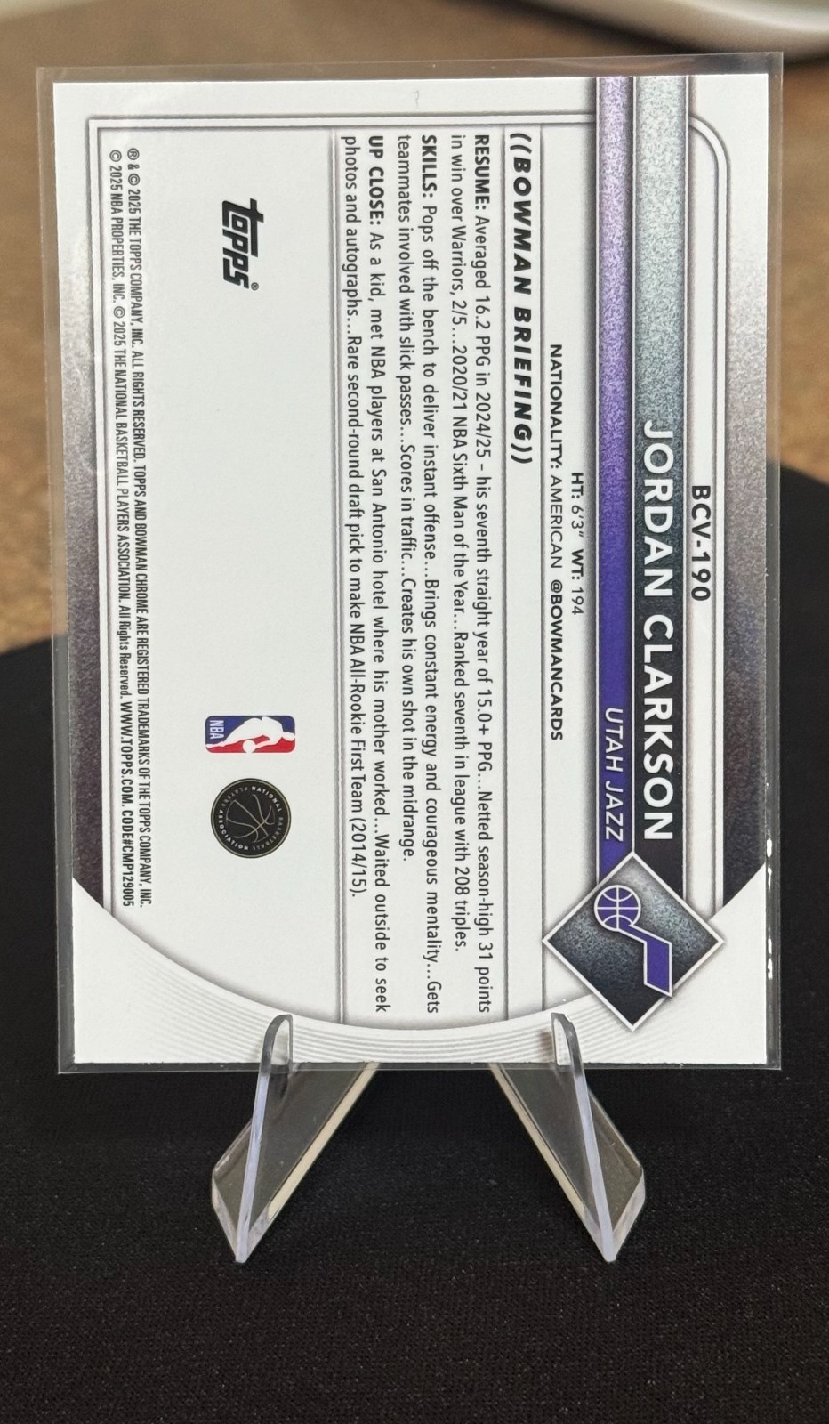 2025-26 Bowman Chrome Jordan Clarkson #BCV-190 Purple Mojo /250 Jazz