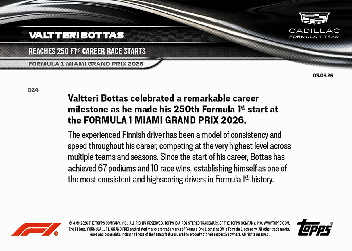 Valtteri Bottas 250th Start Miami GP 2026 Formula 1 Topps NOW – Card 24 Presale