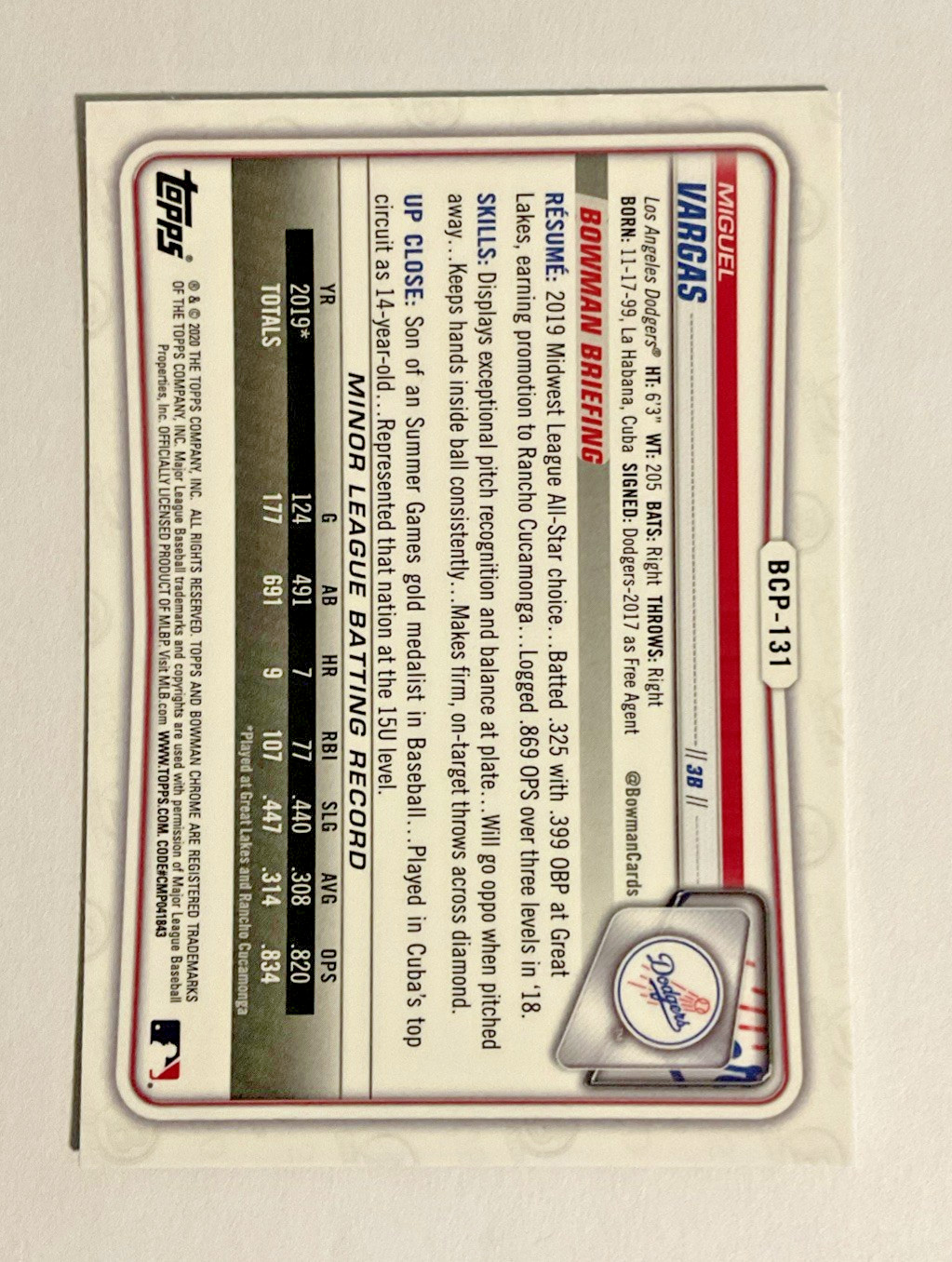 2020 Bowman Chrome Sapphire Miguel Vargas First BCP-131 White Sox