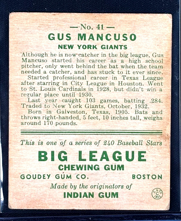 1933 Goudey Big League Chewing Gum – R319 Gus Mancuso #41 (RC)