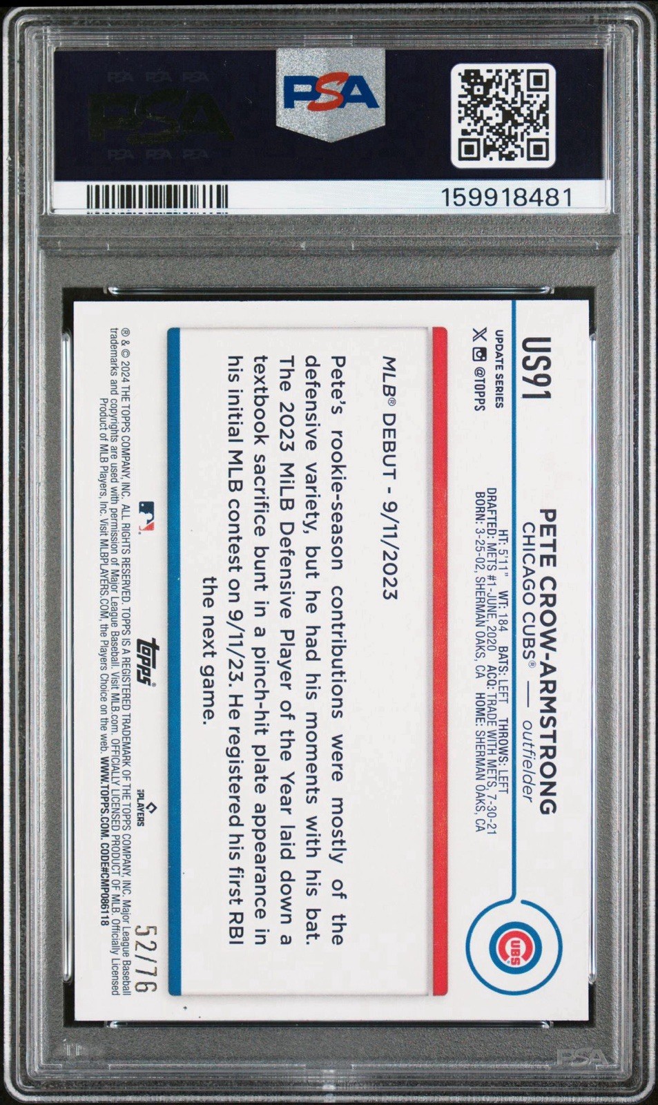 2024 TOPPS UPDATE #US91 PETE CROW-ARMSTRONG INDEPENDENCE DAY AUTO PSA 9 Chicago