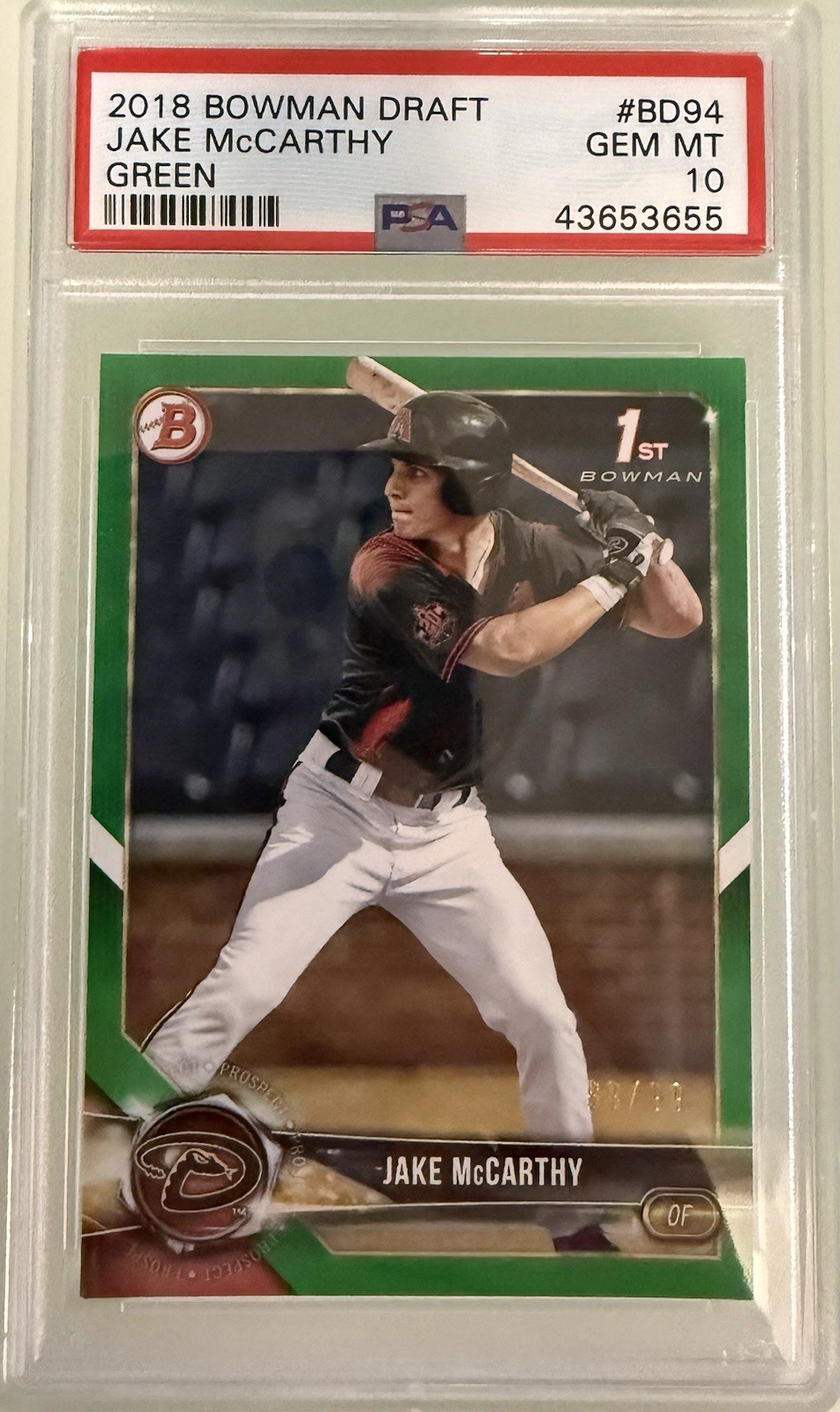 2018 Bowman Draft Jake McCarthy Green 99/99 PSA 10 Rookie RC XRC POP 1 #BD94